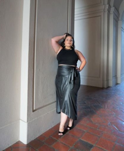Faux Leather Maxi Wrap Skirt – Black outfit idea for women | Ro + Ivy