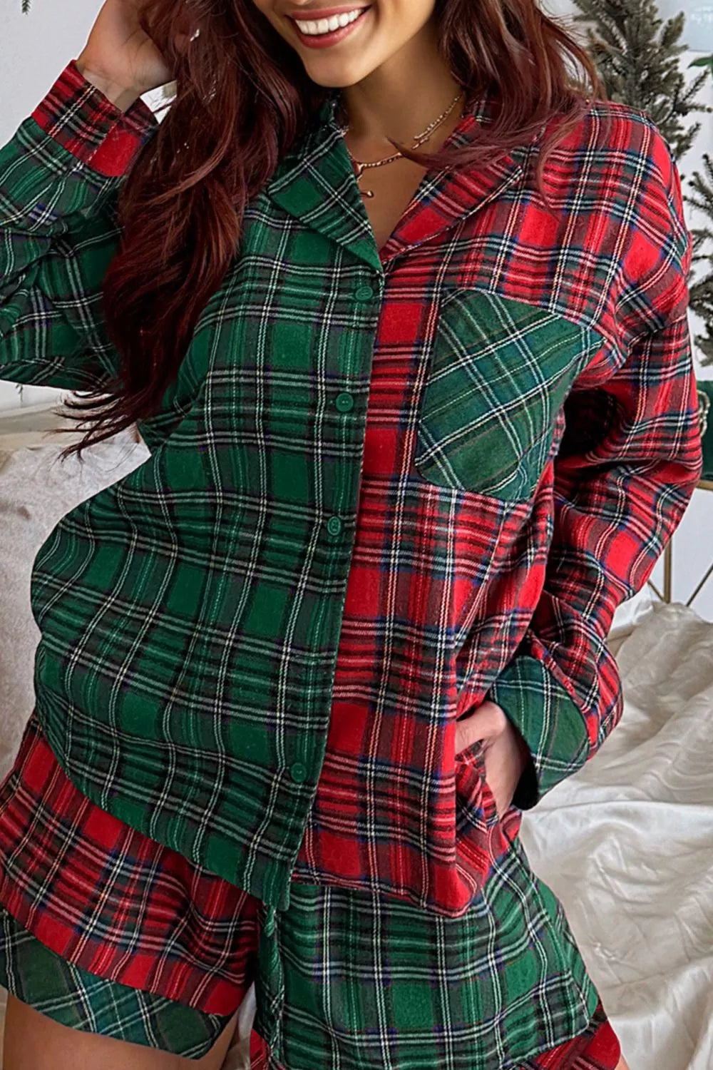 Plaid Christmas Pajama Set with Button-Front Shirt, Pockets and Drawstring Shorts