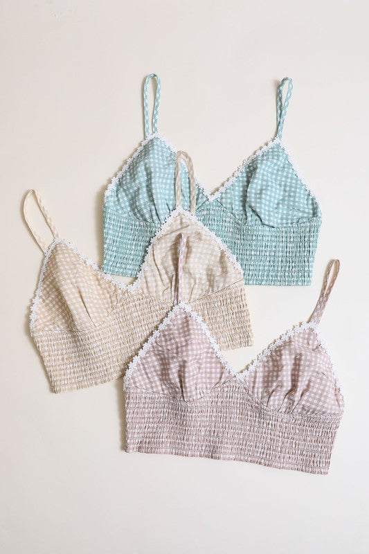 Plus Size Gingham Smocked Bralette with Daisy Trim - Ro + Ivy