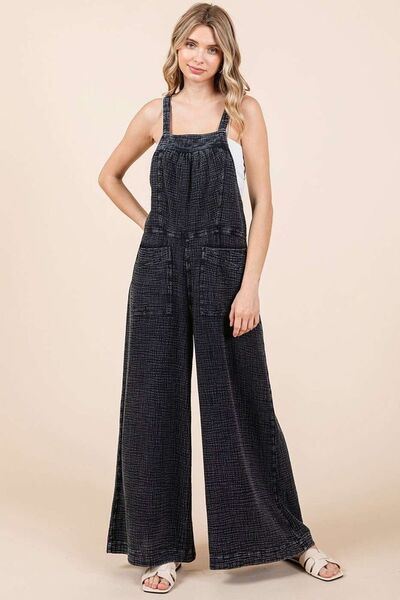 Textured Wide Leg Overalls in Black - Ro + Ivy