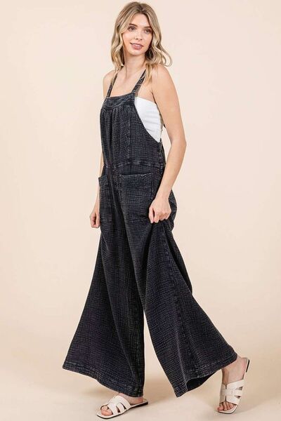 Textured Wide Leg Overalls in Black - Ro + Ivy