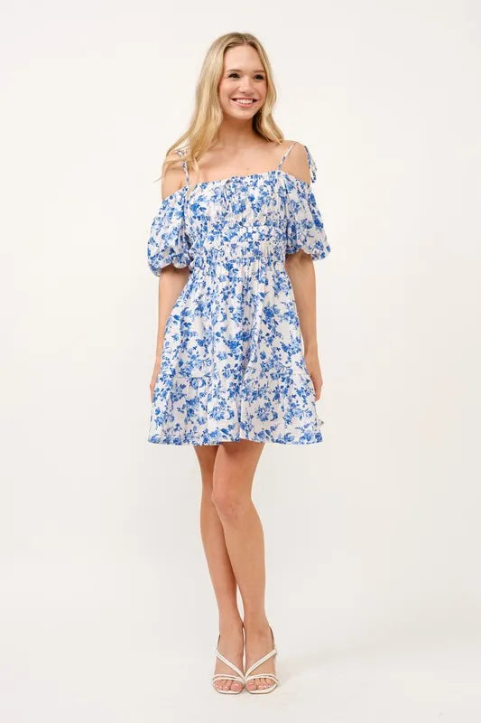 Off Shoulder Bubble Sleeve Mini Dress – outfit idea for women | Ro + Ivy