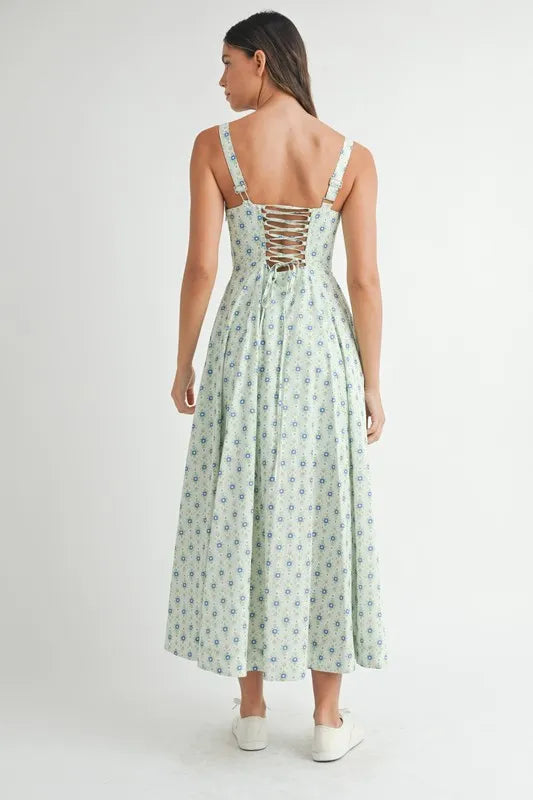 Floral Print Bustier Back Lace Up Midi Dress in Mint – outfit idea for women | Ro + Ivy