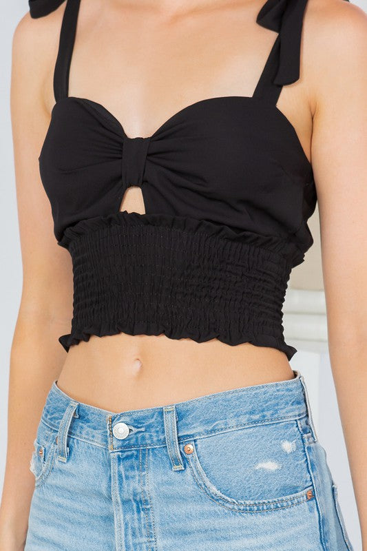 Cut Out Tie Shoulder Smocked Waist Top – outfit idea for women | Ro + Ivy