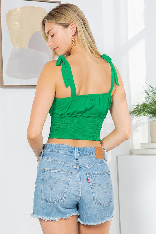Cut Out Tie Shoulder Smocked Waist Top – outfit idea for women | Ro + Ivy