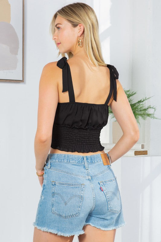 Cut Out Tie Shoulder Smocked Waist Top – outfit idea for women | Ro + Ivy