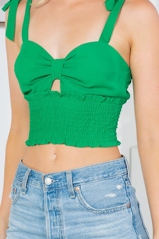 Cut Out Tie Shoulder Smocked Waist Top – outfit idea for women | Ro + Ivy
