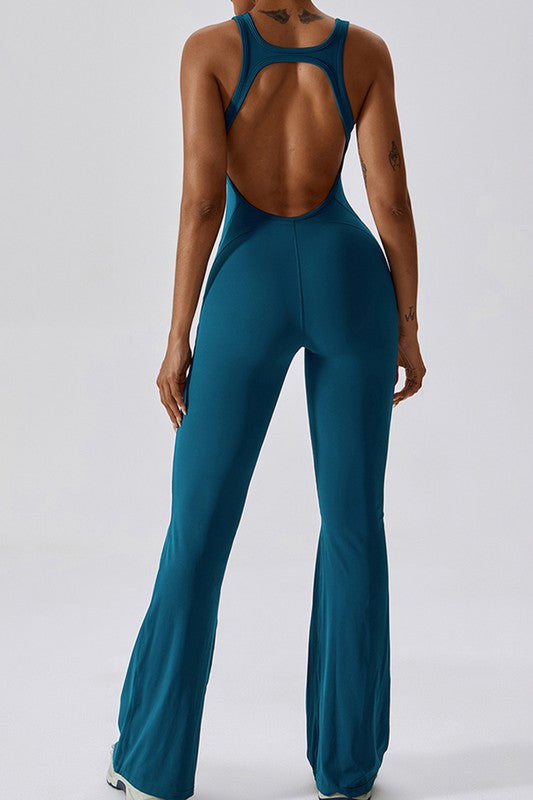 Fitted Sleeveless Jumpsuit with Flared Trousers and a Cutout Back Trendy Activewear Outfit Idea for Women | Ro + Ivy