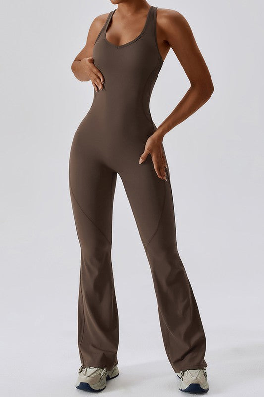Coffee Fitted Sleeveless Jumpsuit with Flared Trousers and a Cutout Back Trendy Activewear Outfit Idea for Women | Ro + Ivy