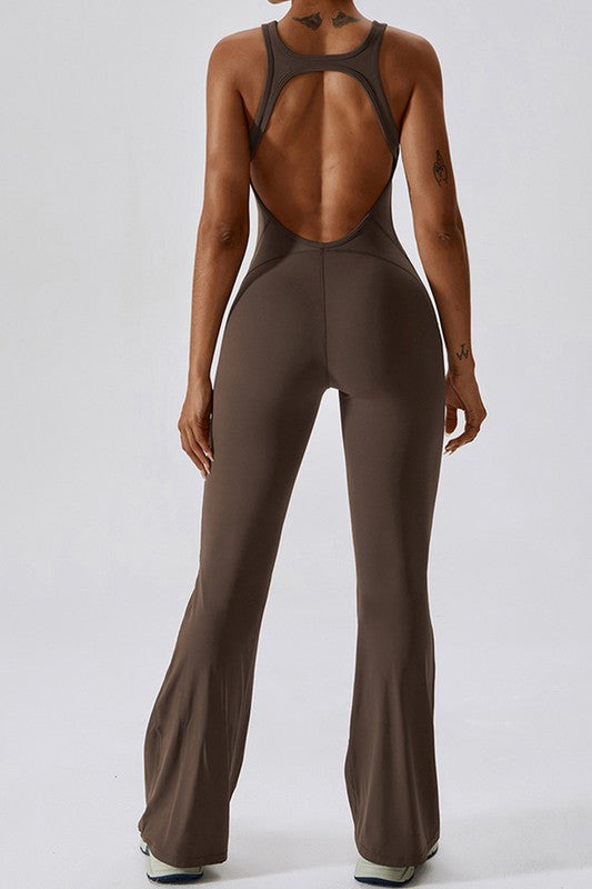 Fitted Sleeveless Jumpsuit with Flared Trousers and a Cutout Back Trendy Activewear Outfit Idea for Women | Ro + Ivy