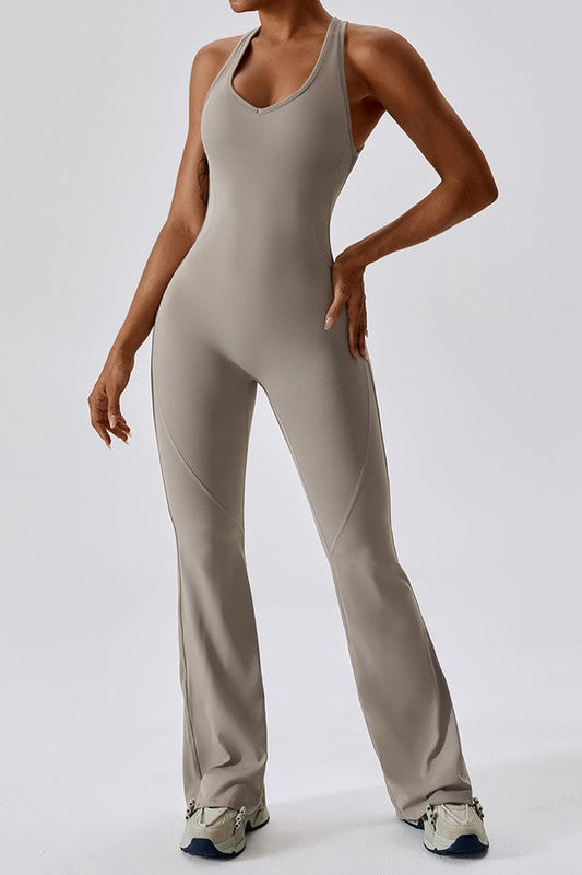Khaki Fitted Sleeveless Jumpsuit with Flared Trousers and a Cutout Back Trendy Activewear Outfit Idea for Women | Ro + Ivy