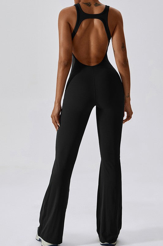Fitted Sleeveless Jumpsuit with Flared Trousers and a Cutout Back Trendy Activewear Outfit Idea for Women | Ro + Ivy