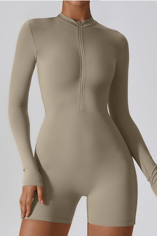 Kahki One-Piece Long Sleeve Yoga Romper Trendy Activewear Outfit Idea for Women | Ro + Ivy