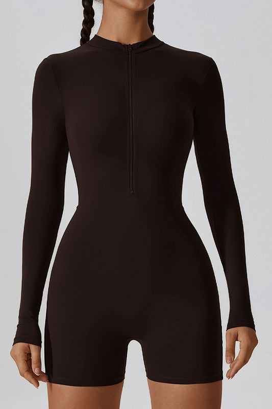 Coffee One-Piece Long Sleeve Yoga Romper Trendy Activewear Outfit Idea for Women | Ro + Ivy