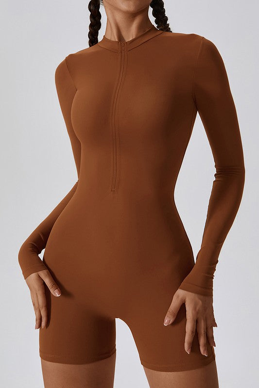 Brown XL One-Piece Long Sleeve Yoga Romper Trendy Activewear Outfit Idea for Women | Ro + Ivy