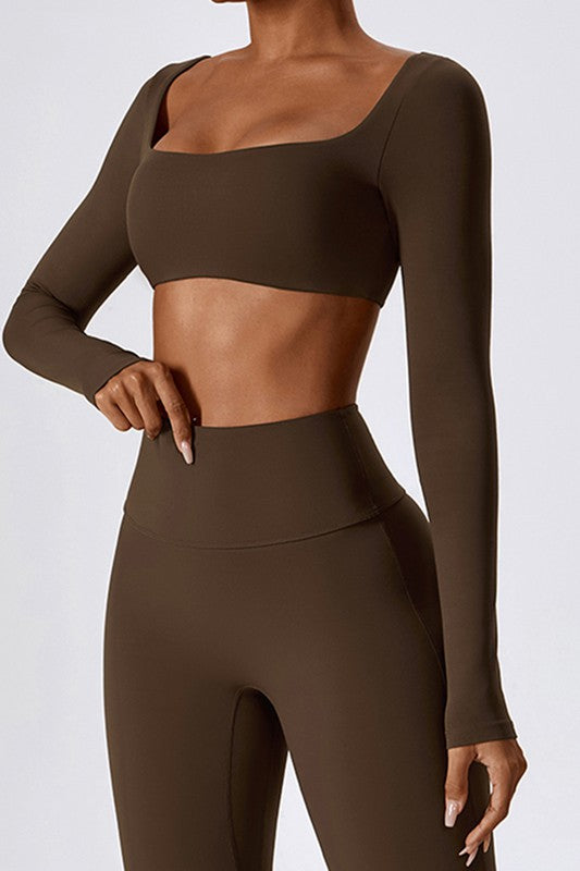 Dark Brown Long-Sleeve Square Neck Midriff Top Trendy Active Tops Outfit Idea for Women | Ro + Ivy