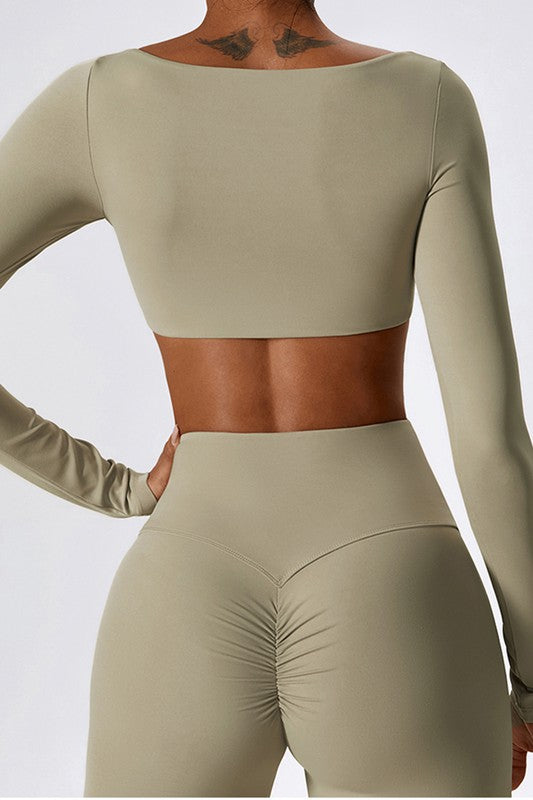Long-Sleeve Square Neck Midriff Top Trendy Active Tops Outfit Idea for Women | Ro + Ivy