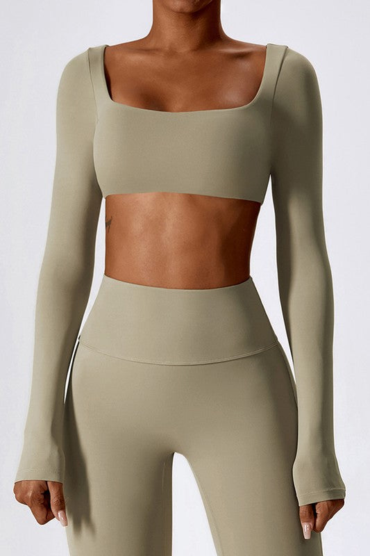 Light Brown Long-Sleeve Square Neck Midriff Top Trendy Active Tops Outfit Idea for Women | Ro + Ivy