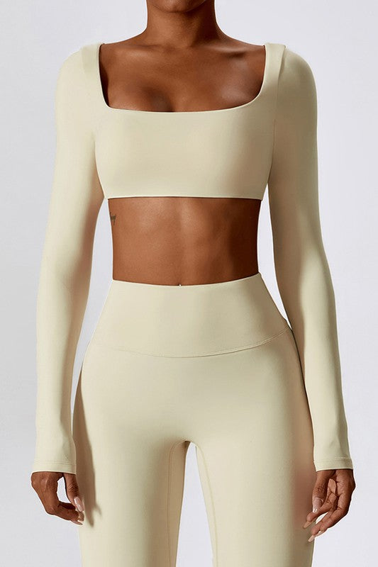 Apricot Long-Sleeve Square Neck Midriff Top Trendy Active Tops Outfit Idea for Women | Ro + Ivy
