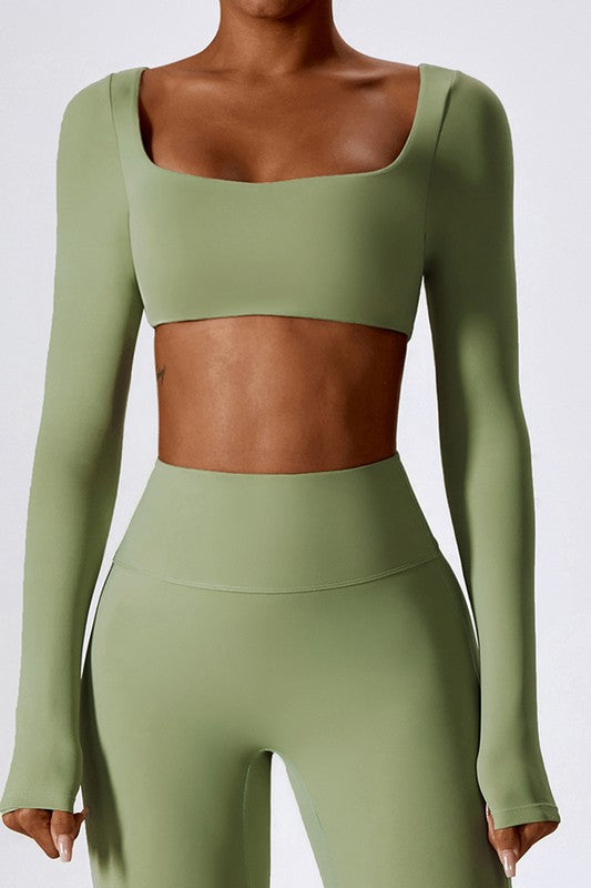 Long-Sleeve Square Neck Midriff Top Trendy Active Tops Outfit Idea for Women | Ro + Ivy