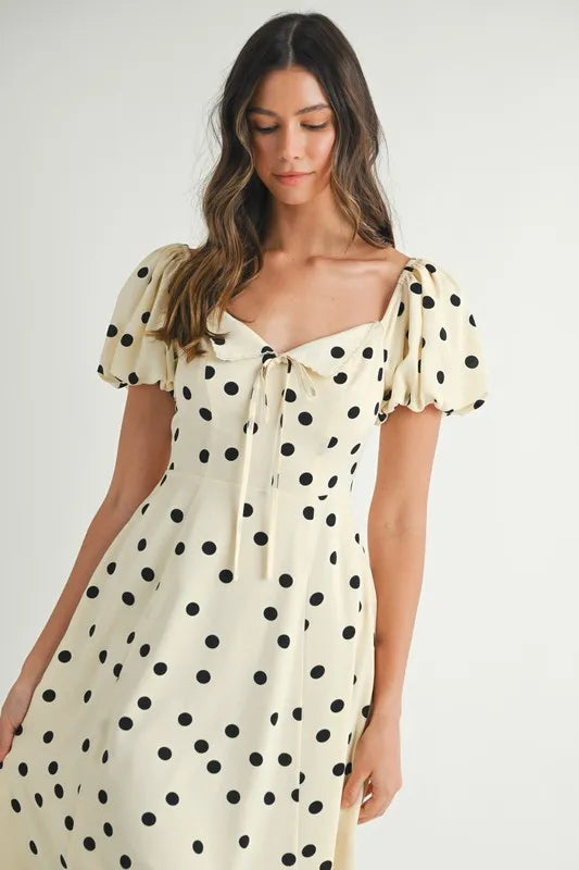 Ka Dot Puff Sleeve Midi Dress – outfit idea for women | Ro + Ivy