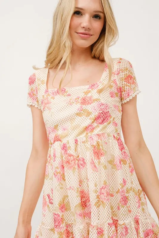 Square Neck Tiered Floral Fishnet Mini Dress – outfit idea for women | Ro + Ivy