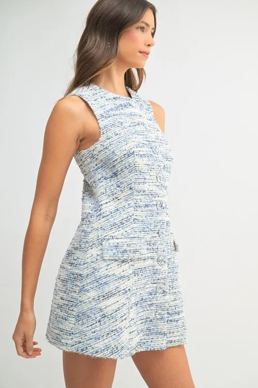 Tweed Sleeveless Button Down Mini Dress – outfit idea for women | Ro + Ivy