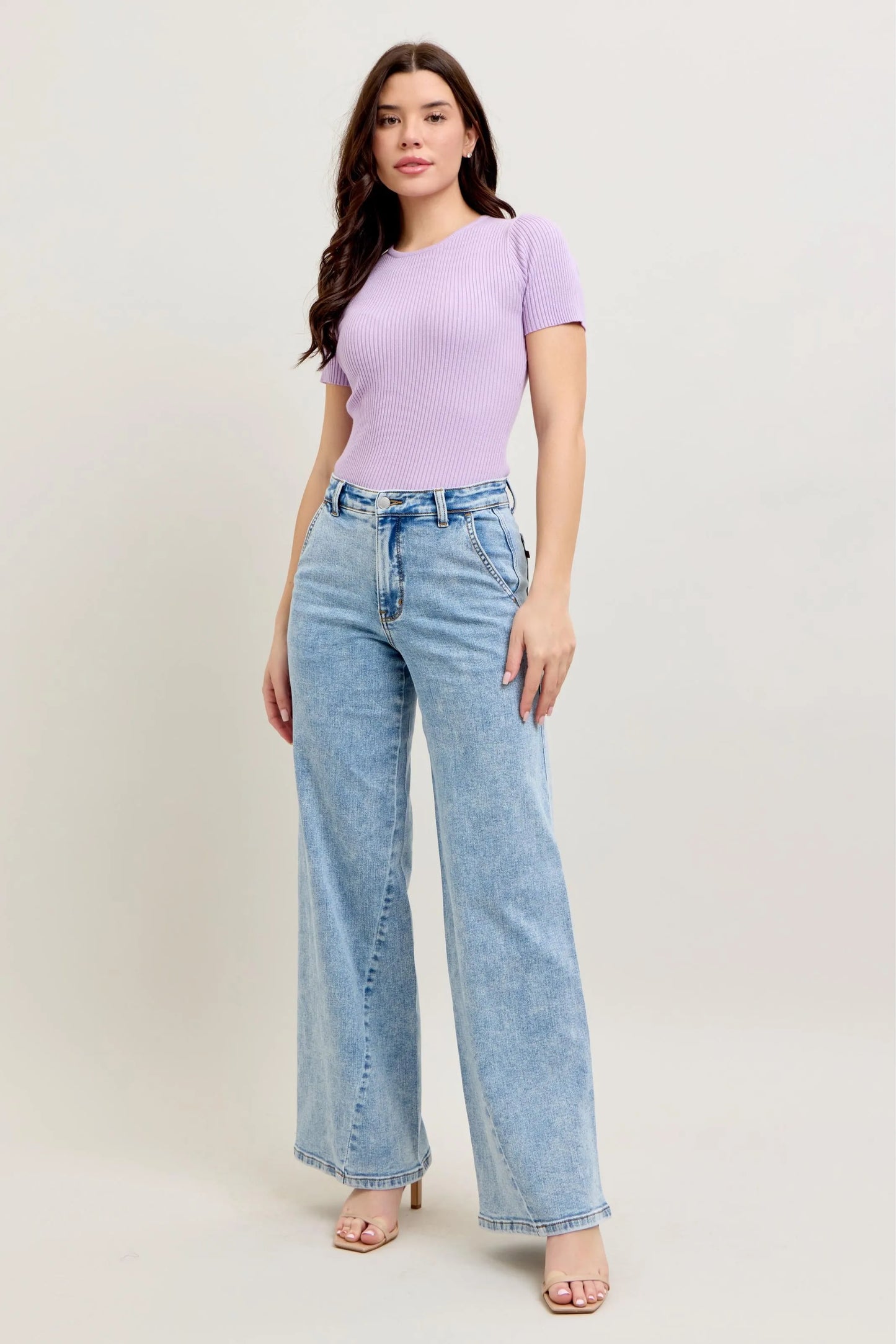 High Waist Wide Leg Jeans With Skewed Inseam – outfit idea for women | Ro + Ivy