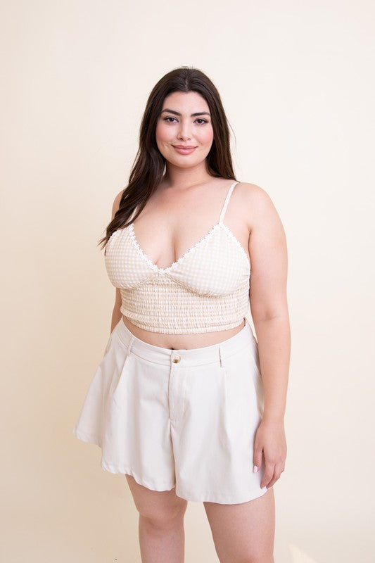 Plus Size Gingham Smocked Bralette with Daisy Trim - Ro + Ivy