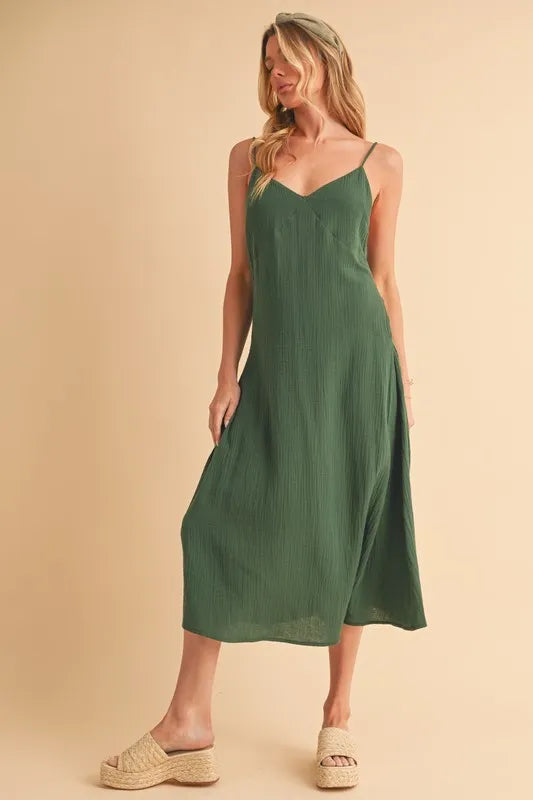Side Button Cami Midi Dress in Emerald – outfit idea for women | Ro + Ivy