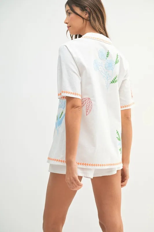 Embroidered Button Down Shirt And Shorts Set – outfit idea for women | Ro + Ivy