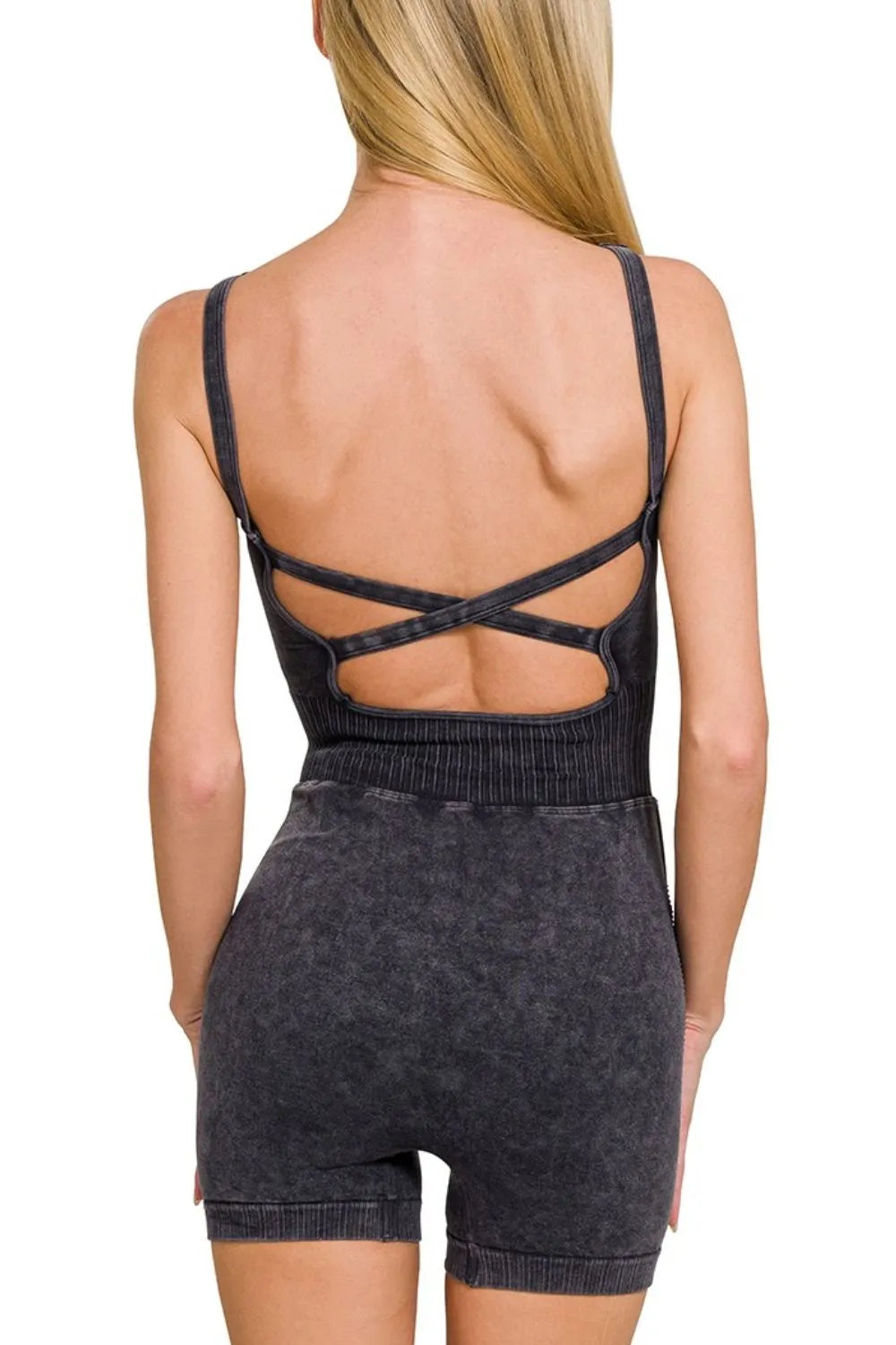 Women's Washed Sports Romper, Removable Bra Pad - Rompers