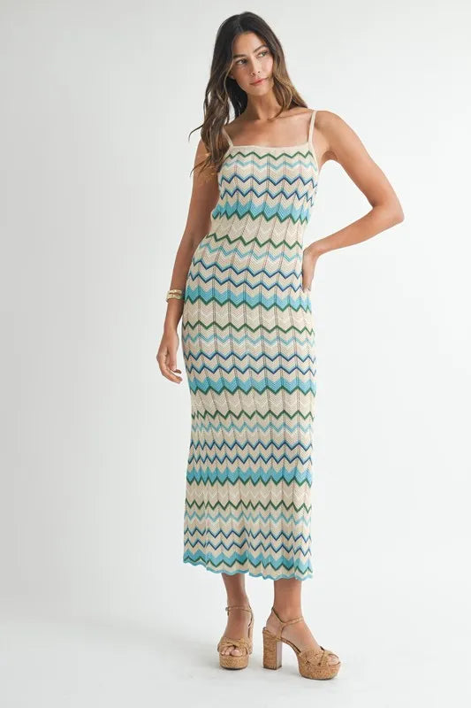 Lightweight Pointelle Chevron Knit Maxi Dress – outfit idea for women | Ro + Ivy