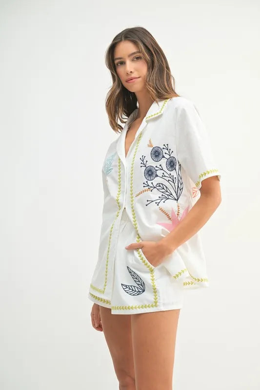 Embroidered Button Down Shirt And Shorts Set – outfit idea for women | Ro + Ivy