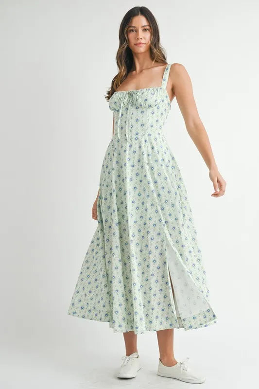 Floral Print Bustier Back Lace Up Midi Dress in Mint – outfit idea for women | Ro + Ivy