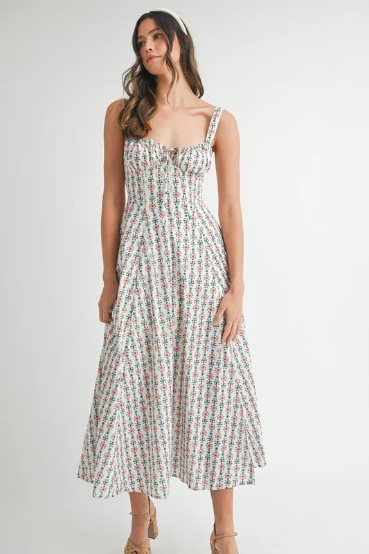 Floral Print Bustier Back Lace Up Midi Dress – outfit idea for women | Ro + Ivy