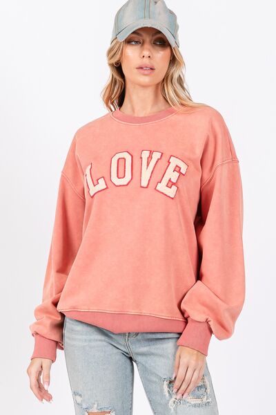 LOVE Path Applique Drop Shoulder Sweatshirt in Pink Orange Trendy Sweatshirts Outfit Idea for Women | Ro + Ivy