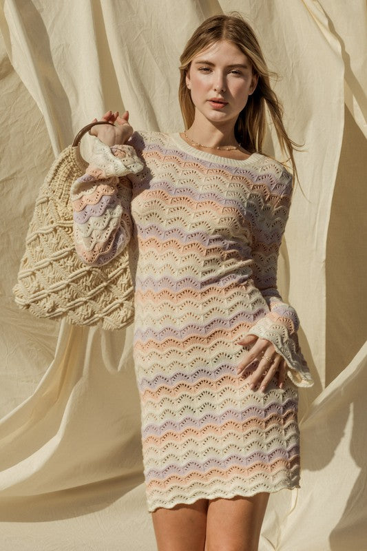 Round Neck Bell Sleeve Sweater Mini Dress – IVORY MULTI outfit idea for women | Ro + Ivy