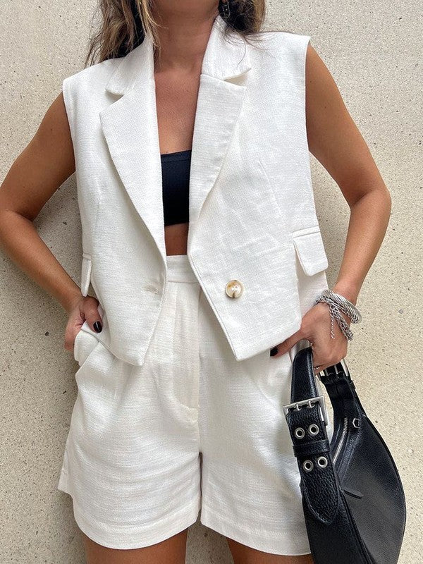 Sleeveless Blazer High Rise Short Outfit Set – white outfit idea for women | Ro + Ivy