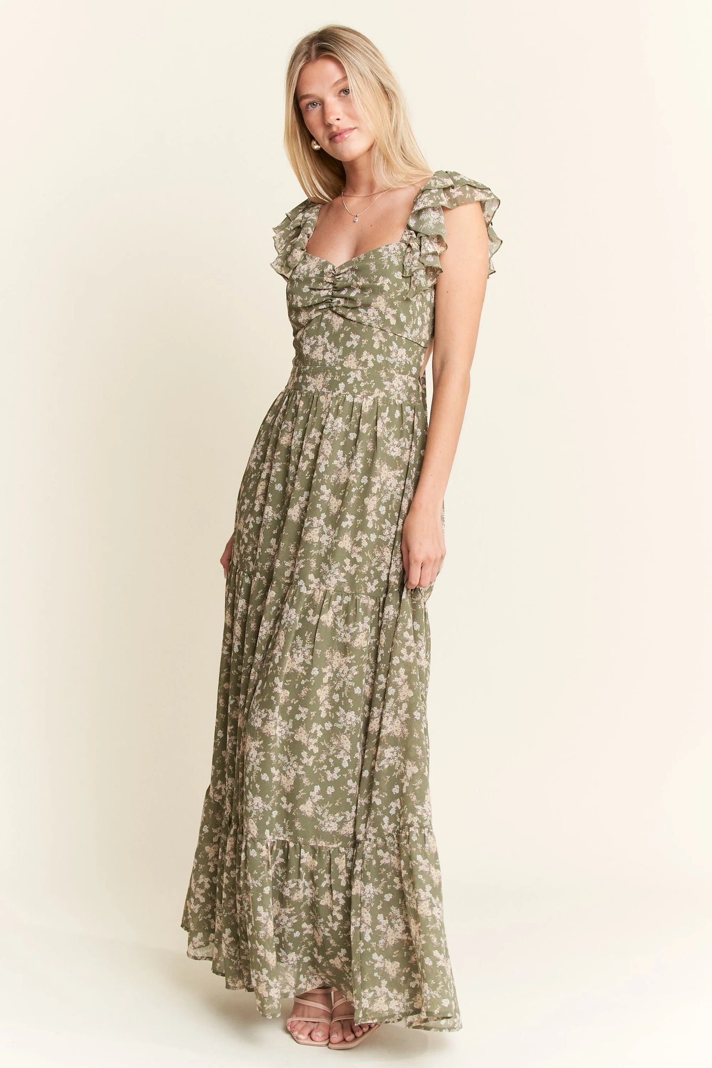 Ruffle Sleeve Tiered Maxi Dress – outfit idea for women | Ro + Ivy
