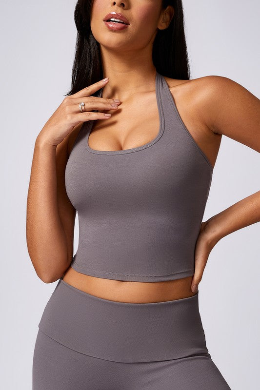 Grey Halter Neck Activewear Sports Top Trendy Active Tops Outfit Idea for Women | Ro + Ivy