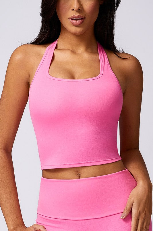 Rose Red Halter Neck Activewear Sports Top Trendy Active Tops Outfit Idea for Women | Ro + Ivy
