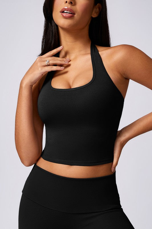 Black Halter Neck Activewear Sports Top Trendy Active Tops Outfit Idea for Women | Ro + Ivy