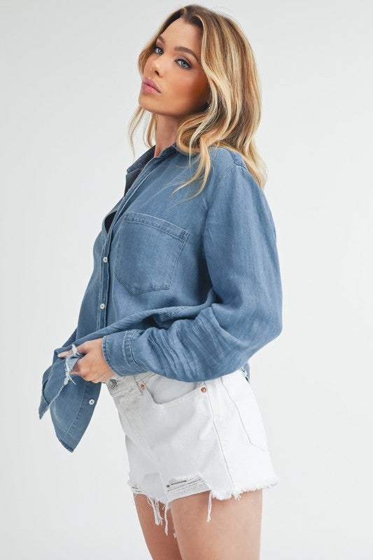 Ottavia Button Up Long Sleeve Shirt Top – outfit idea for women | Ro + Ivy