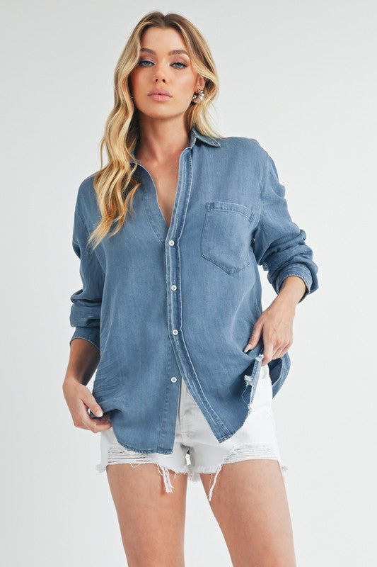 Ottavia Button Up Long Sleeve Shirt Top – outfit idea for women | Ro + Ivy