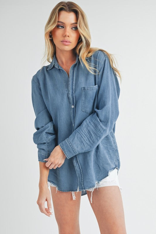 Ottavia Button Up Long Sleeve Shirt Top – outfit idea for women | Ro + Ivy