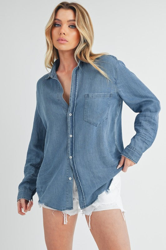 Ottavia Button Up Long Sleeve Shirt Top – outfit idea for women | Ro + Ivy