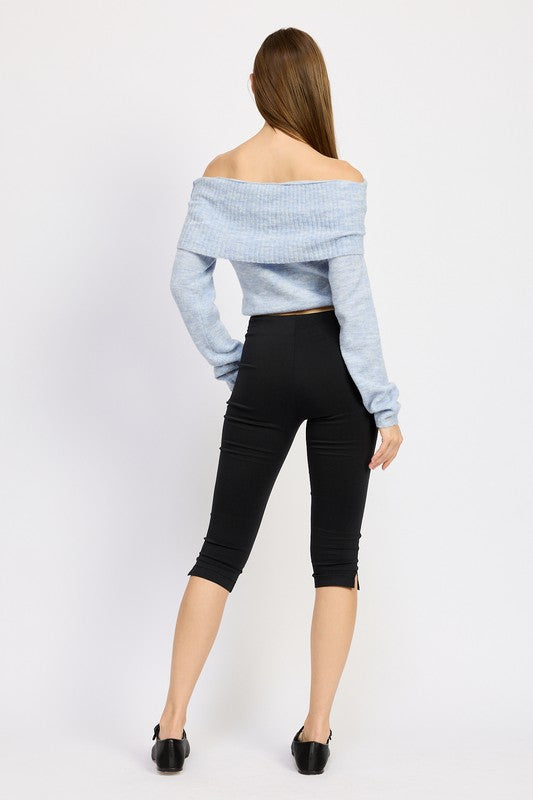 Off Shoulder Fold-Over Long Sleeve Top | Trendy Knit Tops Outfit Idea for Women | Ro + Ivy