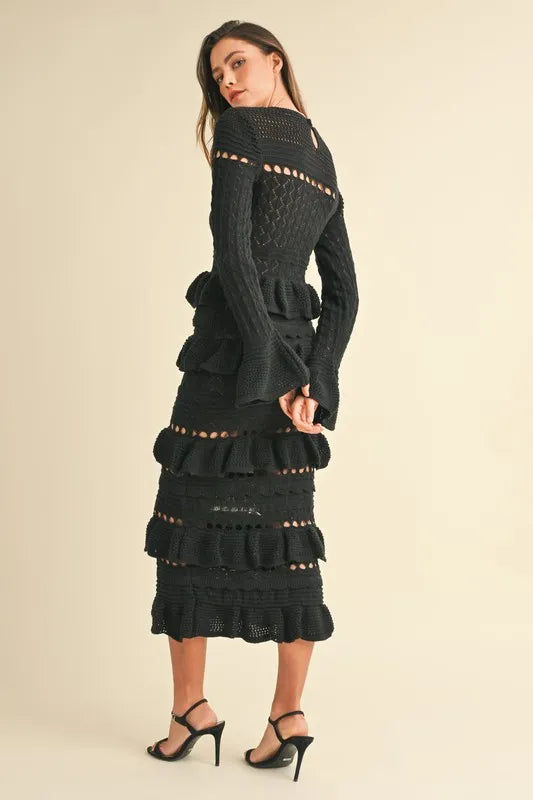 Long Sleeve Tiered Ruffle Knit Midi Dress – outfit idea for women | Ro + Ivy