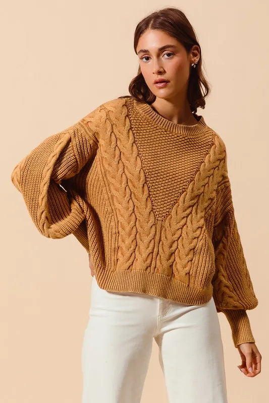 Mineral Washed Loose Fit Textured Cable Sweater – VINTAGE CAMEL outfit idea for women | Ro + Ivy